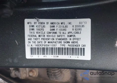 2013 Honda Accord Exl z USA, uszkodzony, nr VIN 1HGCR2F8XDA110597